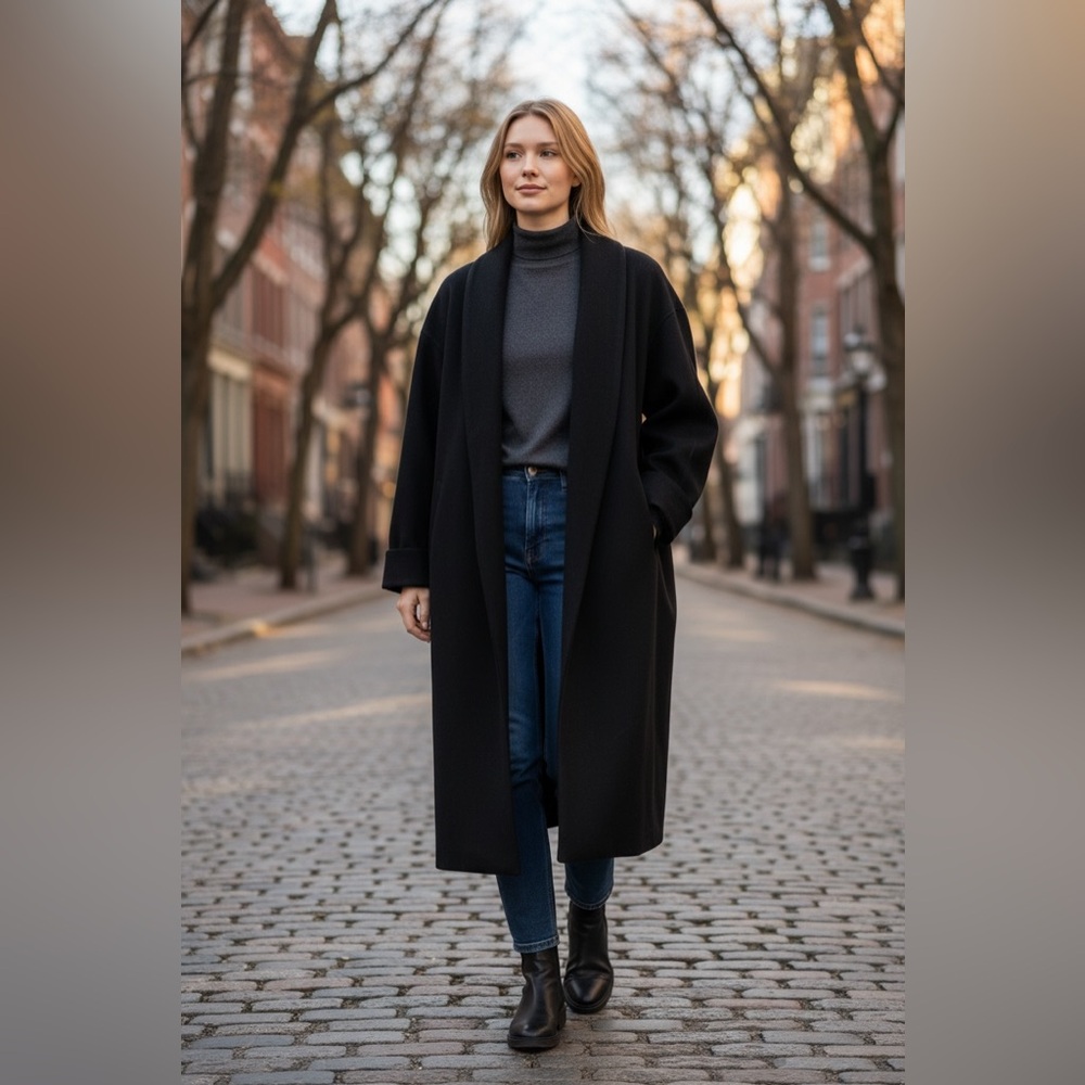 Vintage Samantha Taylor Black 100% Wool Long Coat Minimalist 90s Coat Size 12